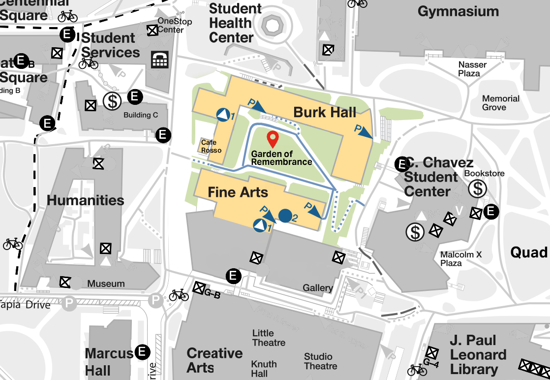 The Garden of Remembrance is located between Burk Hall and the Fine Arts Building at SFSU.