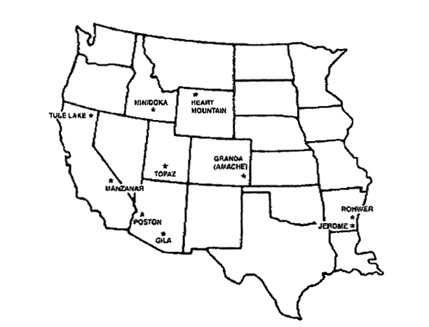 A map of the United States with the location of the ten permanent incarceration camps noted.